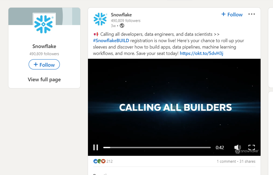 Snowflake developer community announcement LinkedIn
